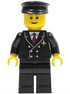 LEGO Minifigure-Airport - Pilot with Red Tie and 6 Buttons, Black Legs, Black Hat, Brown Eyebrows, Thin Grin-Town / City / Airport-AIR022-Creative Brick Builders